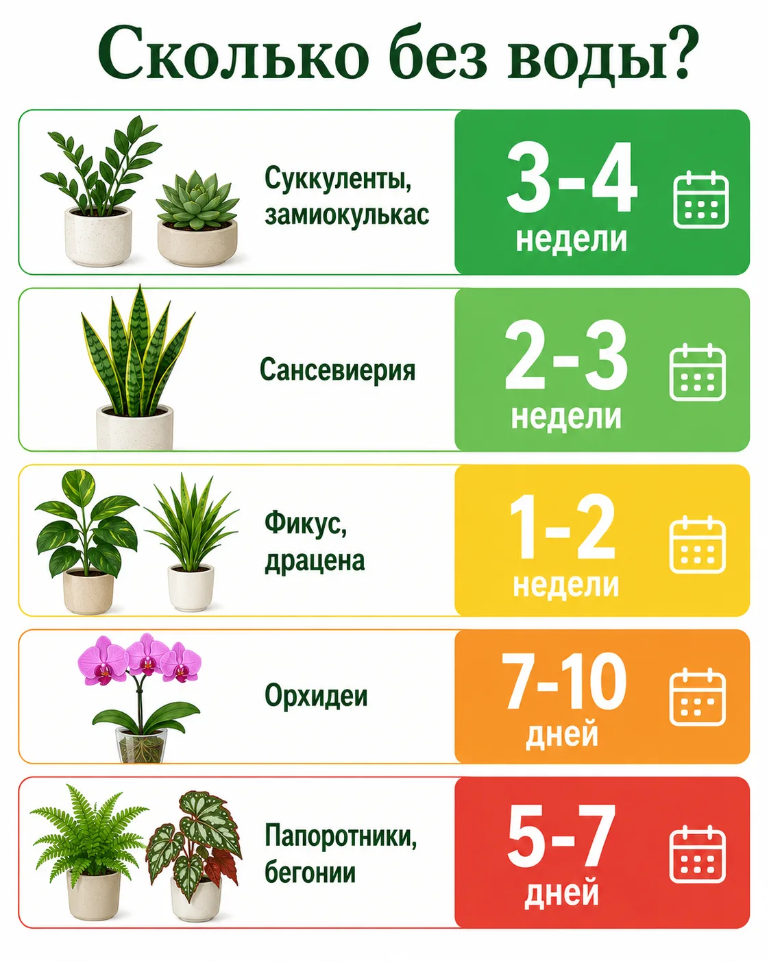 Сколько растения могут продержаться без воды Сколько дней комнатные растения могут прожить без полива: суккуленты 3-4 недели, сансевиерия 2-3, фикус 1-2, орхидеи 7-10 дней