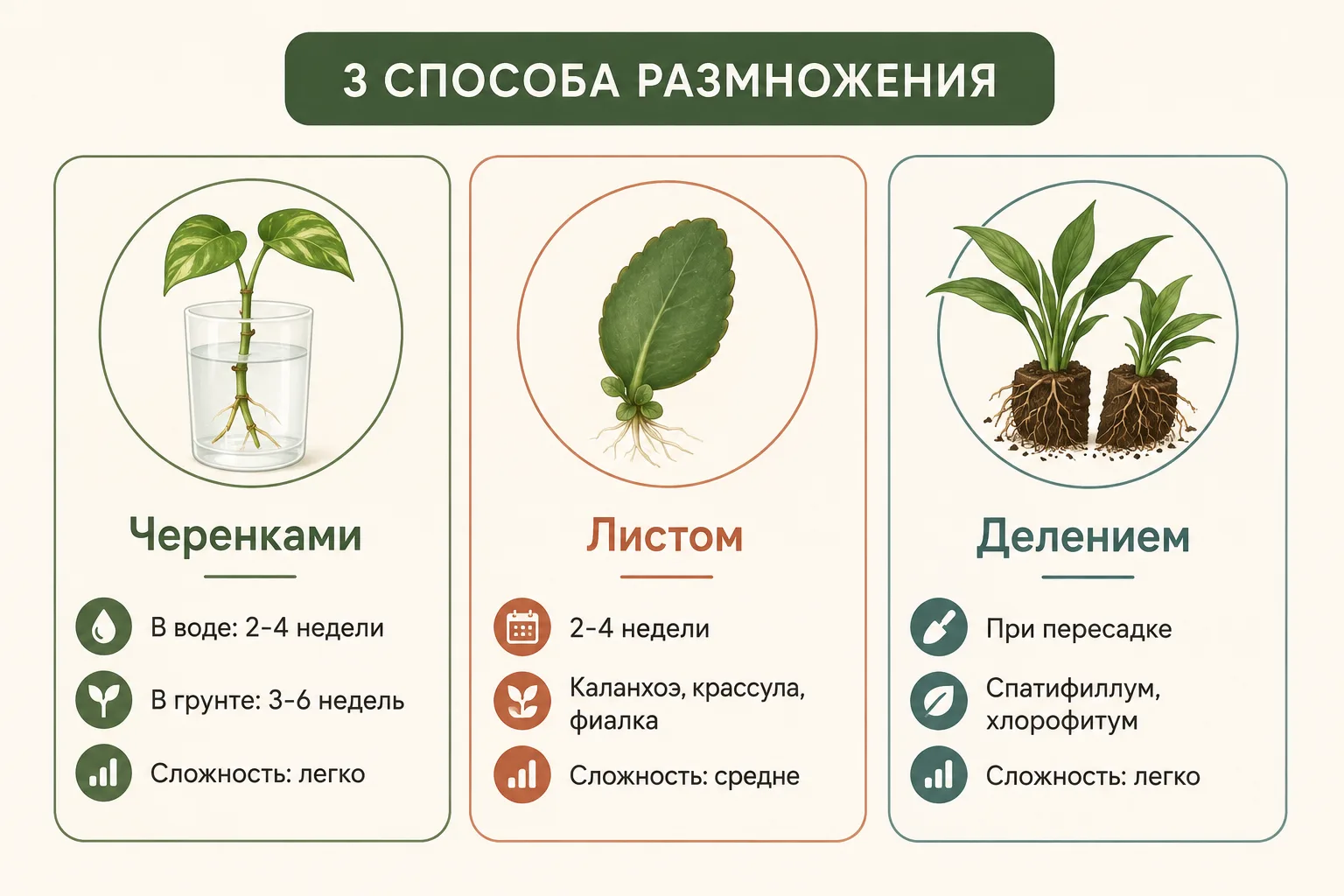 3 способа размножения Инфографика: 3 способа размножения - черенками, листом, делением - сроки, растения, сложность