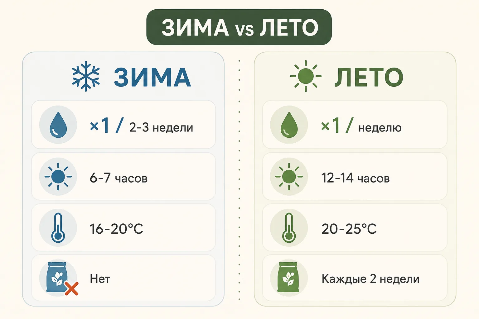 Зима vs Лето: сравнение условий Инфографика: зима vs лето - полив, свет, температура, подкормка