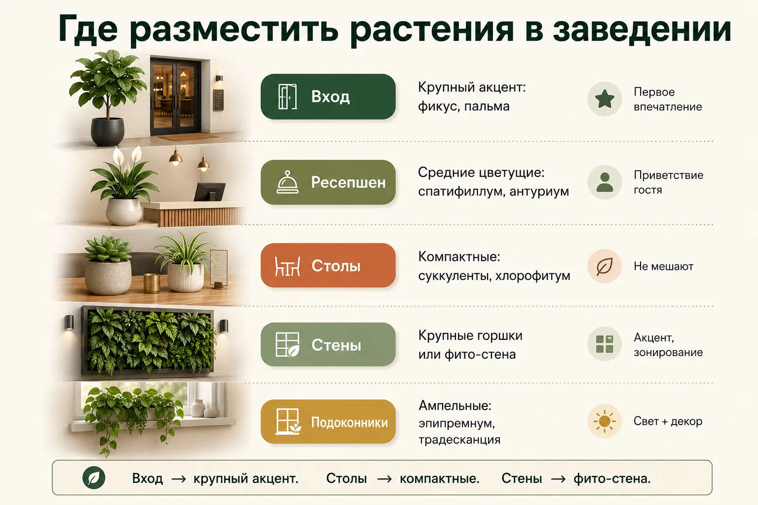 Схема размещения растений в кафе и ресторане Инфографика: где разместить растения в заведении — вход, ресепшен, столы, стены, подоконники
